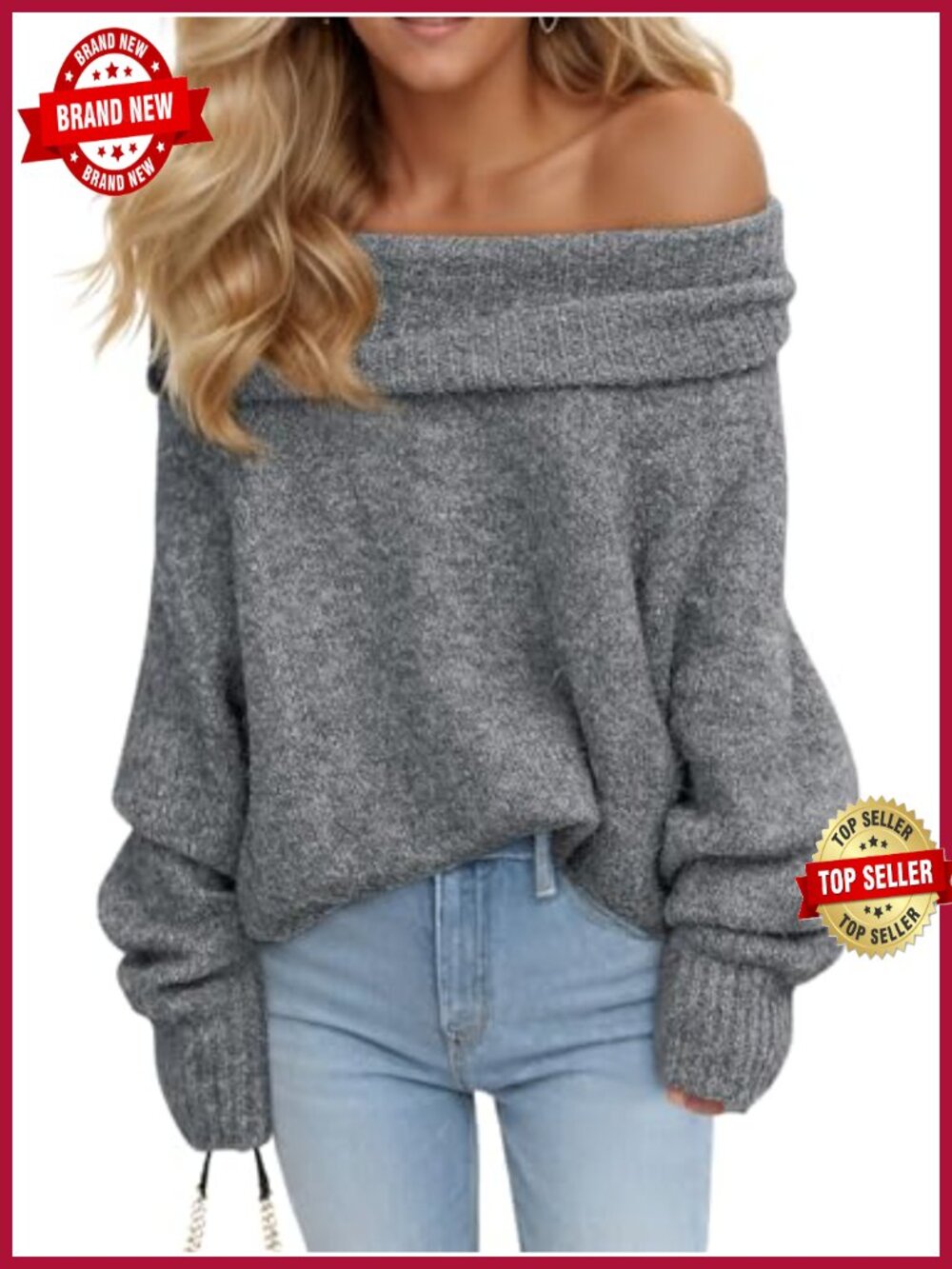 Off Shoulder Oversized Ribbed Knit Pullover Sweater Long Sleeve
